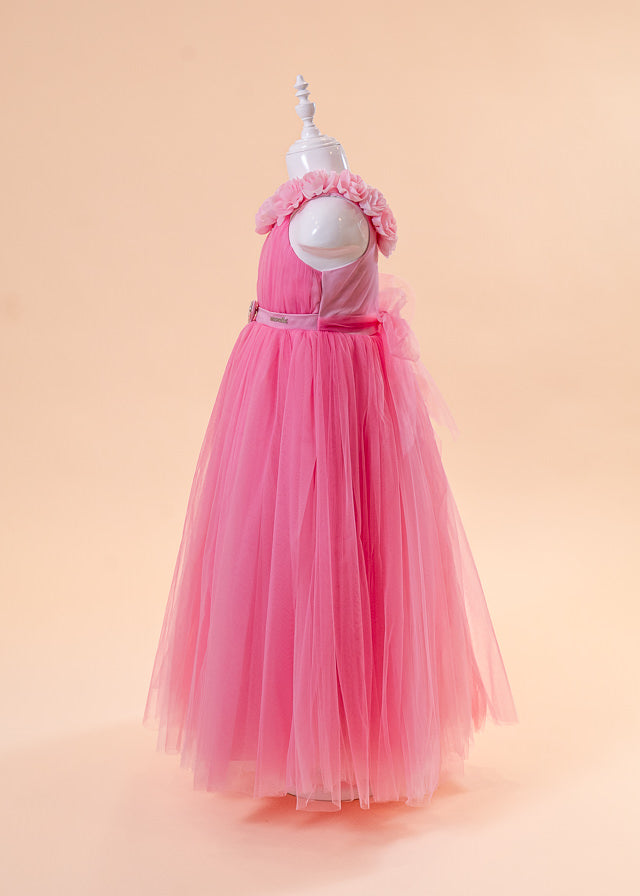 Ceremony Dress, Long Pink Tulle with Appliqued Flowers and Heart at Waist 2934 Mon Princess