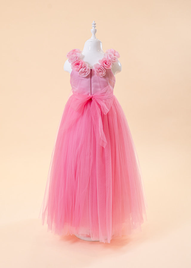 Ceremony Dress, Long Pink Tulle with Appliqued Flowers and Heart at Waist 2934 Mon Princess