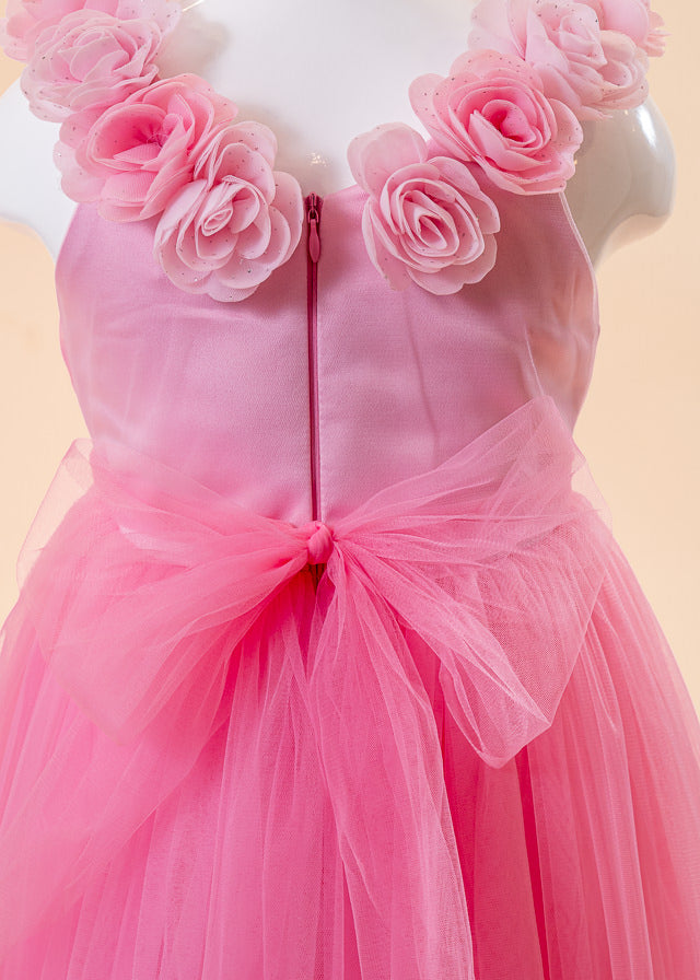 Ceremony Dress, Long Pink Tulle with Appliqued Flowers and Heart at Waist 2934 Mon Princess