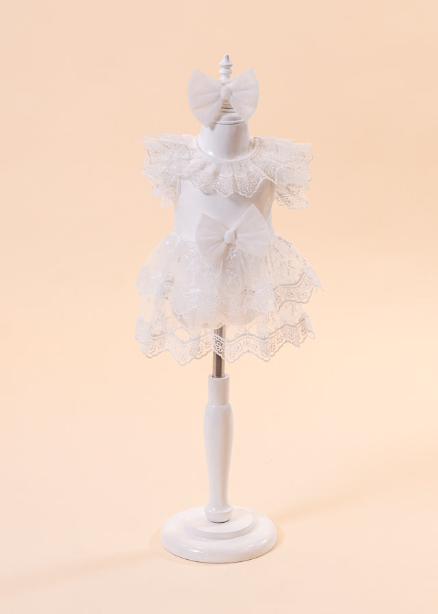 Ivory Type Body Dress with Lace Skirt and Collar and Tulle Bow at Waist M0649 Connie Baby