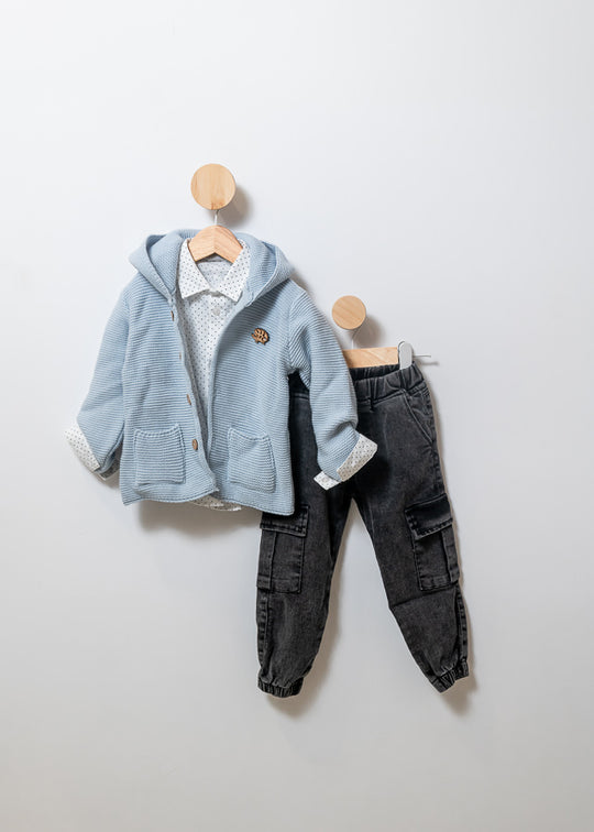 3 Piece Set Blue Knitted Jacket with Hood White Shirt with Navy Blue Picks and Gray Pants 14017 Bebus