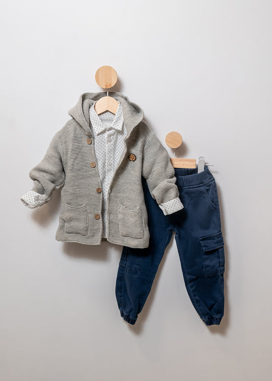 3 Piece Set Gray Knitted Jacket with Hood White Shirt with Navy Blue Picks and Indigo Pants 14017 Bebus