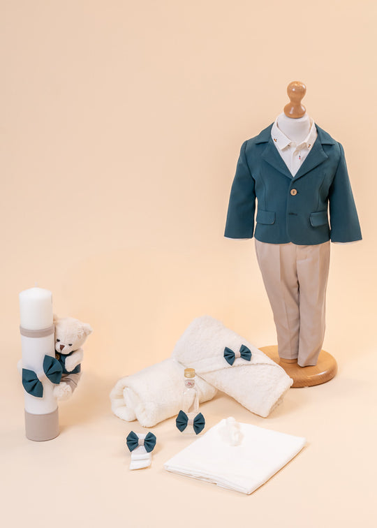 Set Botez Bogdan 3 Piese, Costum, Trusou si Lumanare Personalizate AnneBebe