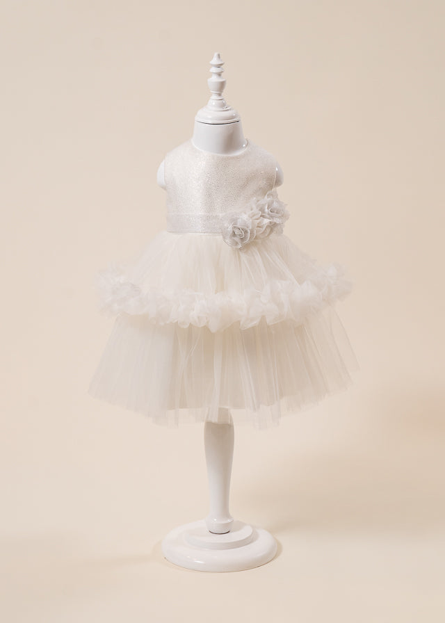 Rochie Ceremonie Ivory cu Flori Aplicate pe Bust si Fusta cu Volane din Tulle L7001 Lugu
