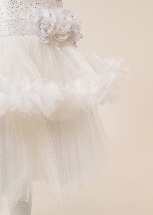 Rochie Ceremonie Ivory cu Flori Aplicate pe Bust si Fusta cu Volane din Tulle L7001 Lugu