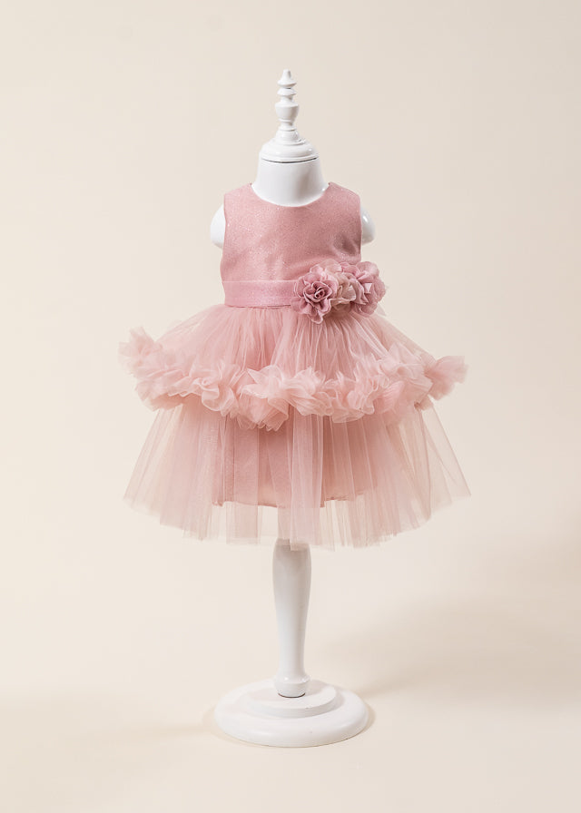 Rochie Ceremonie Roz Pudra cu Flori Aplicate pe Bust si Fusta cu Volane din Tulle L7001 Lugu