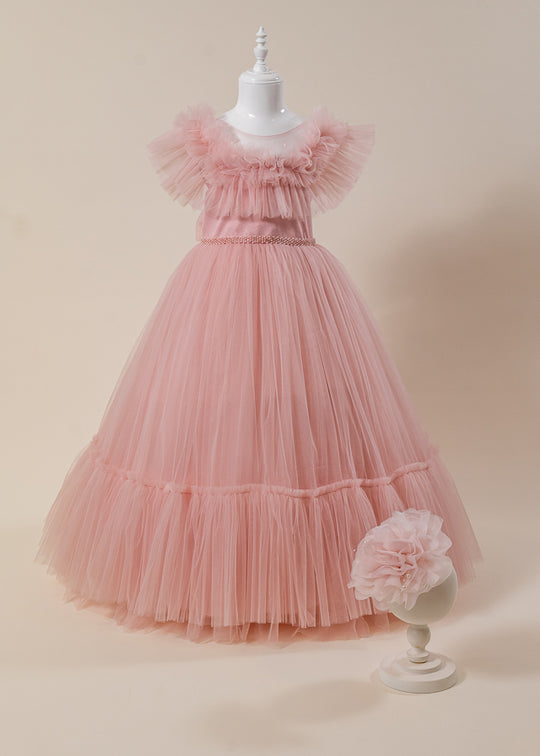 Rochie Ceremonie Roz Pudra din Tulle Lunga cu Crinolina cu Volan de Tulle pe Bust L7103 Lugu