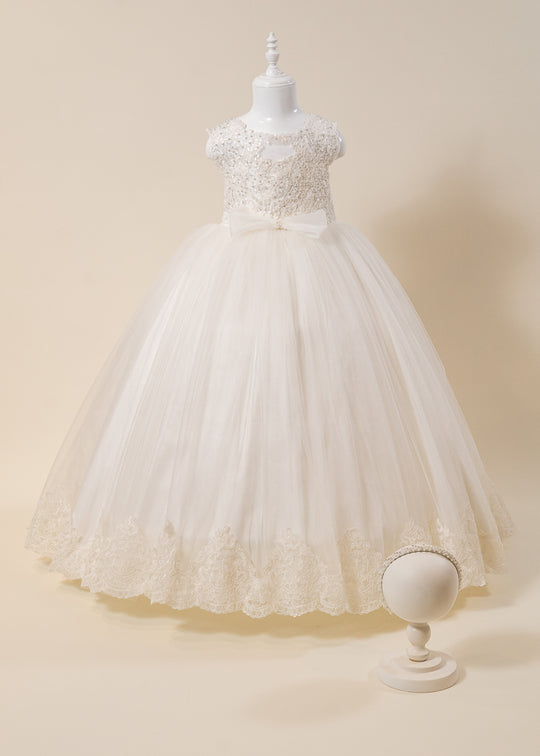 Rochie Ceremonie Lunga Crem Bust Dantela Fusta din Tulle cu Crinolina 3102 Mon Princess