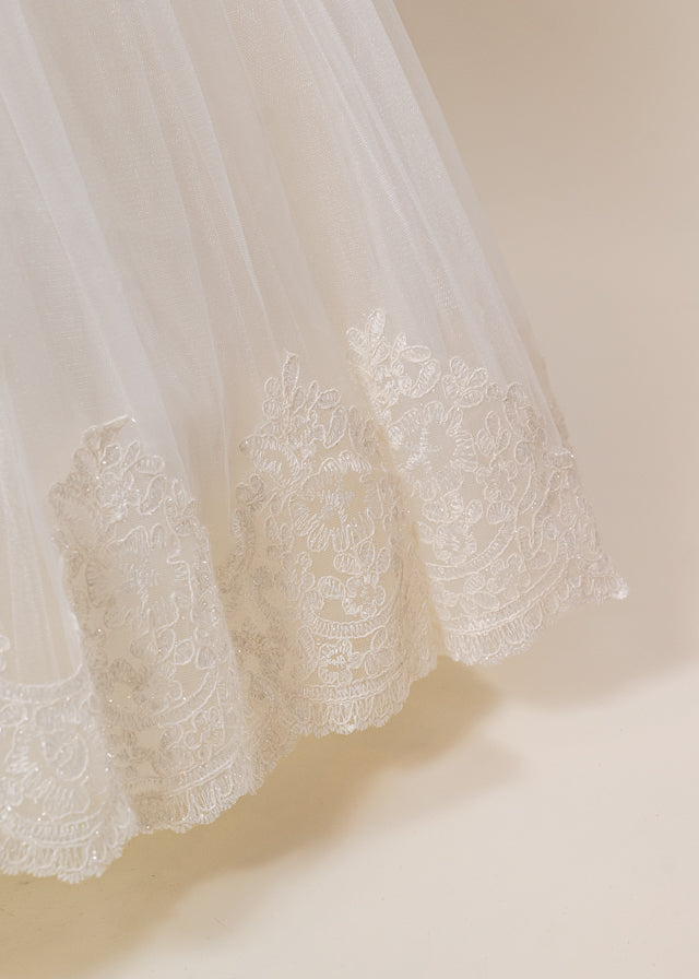 Rochie Ceremonie Lunga Crem Bust Dantela Fusta din Tulle cu Crinolina 3102 Mon Princess