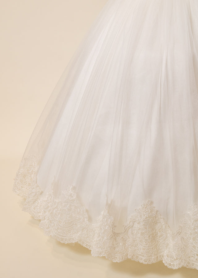Rochie Ceremonie Lunga Crem Bust Dantela Fusta din Tulle cu Crinolina 3102 Mon Princess