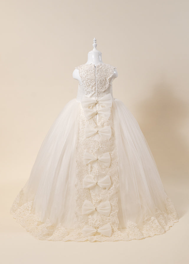 Rochie Ceremonie Lunga Crem Bust Dantela Fusta din Tulle cu Crinolina 3102 Mon Princess