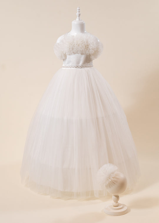 Rochie Ceremonie Ivory Lunga din Tulle cu Crinolina cu Bretele L7101 Lugu