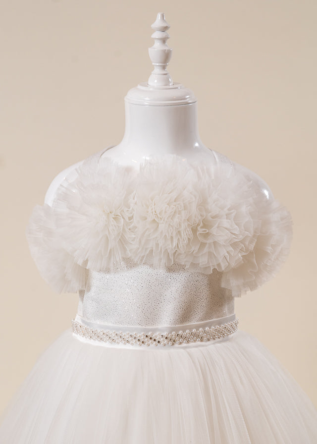 Rochie Ceremonie Ivory Lunga din Tulle cu Crinolina cu Bretele L7101 Lugu