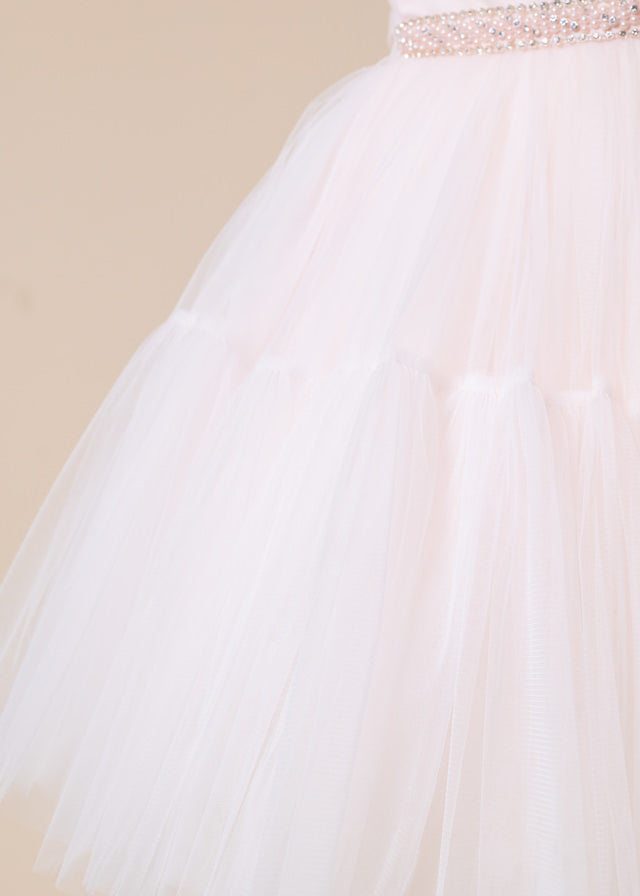 Церемонічна сукня лосось з фатиновою спідницею з бісером і кристалами 2910 Mon Princess
