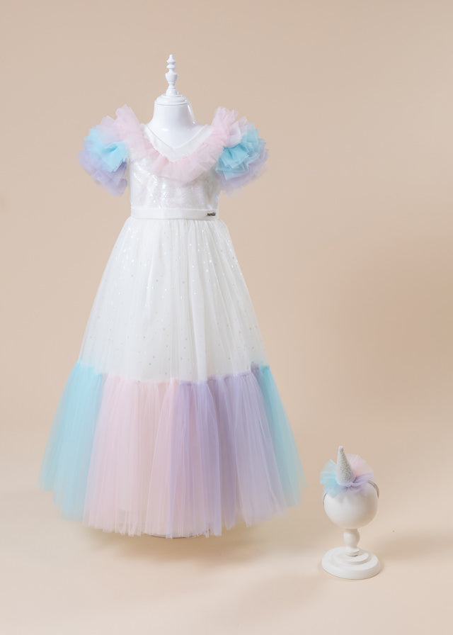 Довга церемоніальна сукня, кремова спідниця з фатину з паєтками та різнокольоровими воланами 2986 Mon Princess