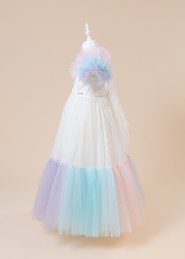 Довга церемоніальна сукня, кремова спідниця з фатину з паєтками та різнокольоровими воланами 2986 Mon Princess