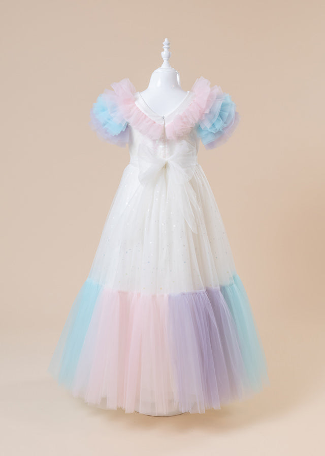 Long Ceremony Dress, Cream with Sequin Bust and Tulle Skirt with Multicolor Ruffles 2988 Mon Princess
