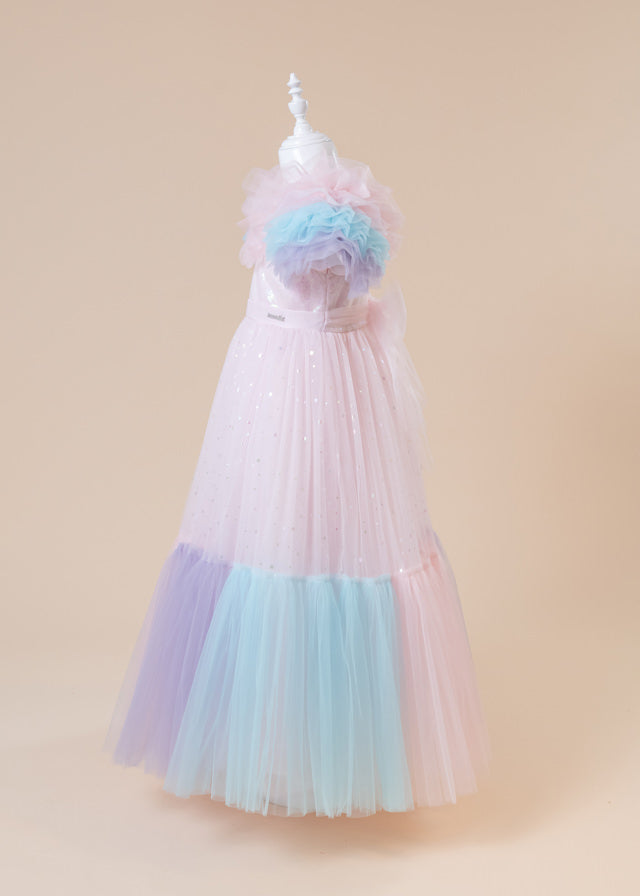 Довга випускна сукня, рожева з паєтками, спідниця з фатину з різнокольоровими воланами 2988 Mon Princess