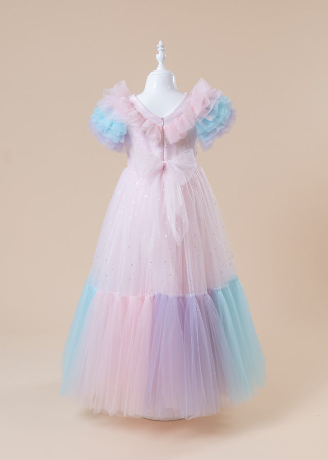Довга випускна сукня, рожева з паєтками, спідниця з фатину з різнокольоровими воланами 2988 Mon Princess