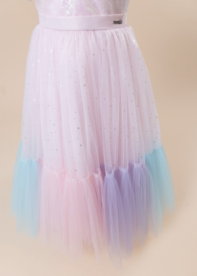 Long Prom Dress, Pink with Sequin Bust, Tulle Skirt with Multicolored Ruffles 2988 Mon Princess