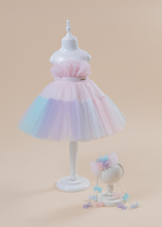 Ceremony Dress in Pink Tulle with Polka Dots and Multicolor Ruffle 2970 Mon Princess