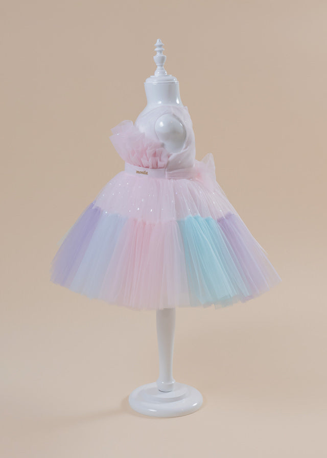 Ceremony Dress in Pink Tulle with Polka Dots and Multicolor Ruffle 2970 Mon Princess