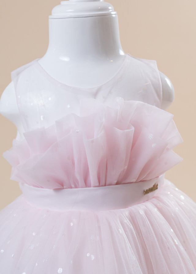 Церемонічна сукня з рожевого тюлю в горошок і різнокольоровими воланами 2970 Mon Princess