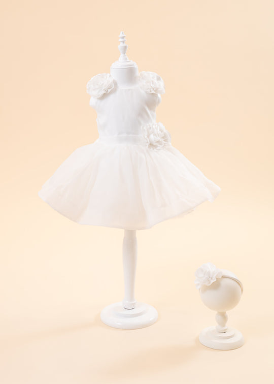 Ceremony Dress Cream Bust Taffeta with Flowers on Shoulders and Waist and Organza Skirt 6022 Lugu