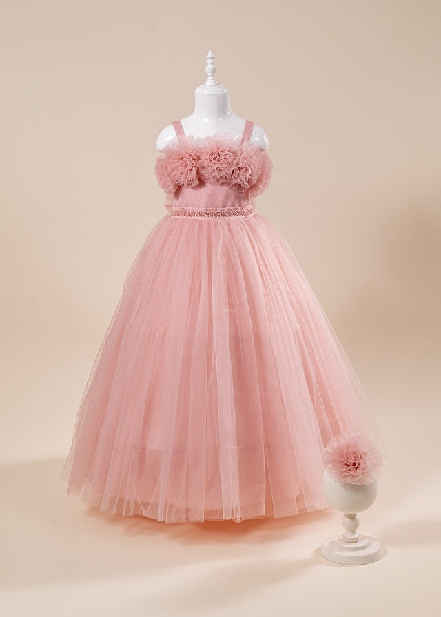 Rochie Ceremonie Roz Pudra Lunga din Tulle cu Crinolina cu Bretele L7101 Lugu