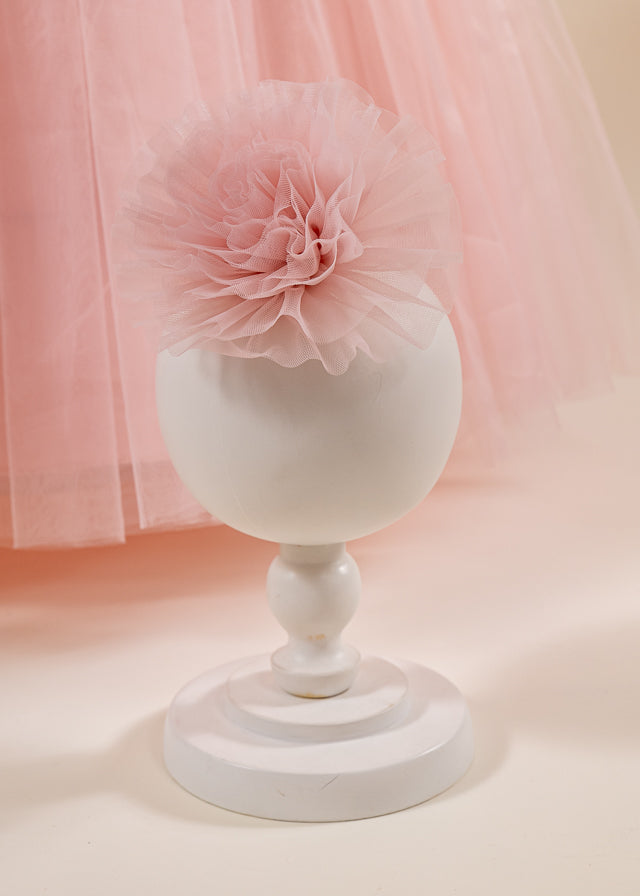 Rochie Ceremonie Roz Pudra Lunga din Tulle cu Crinolina cu Bretele L7101 Lugu