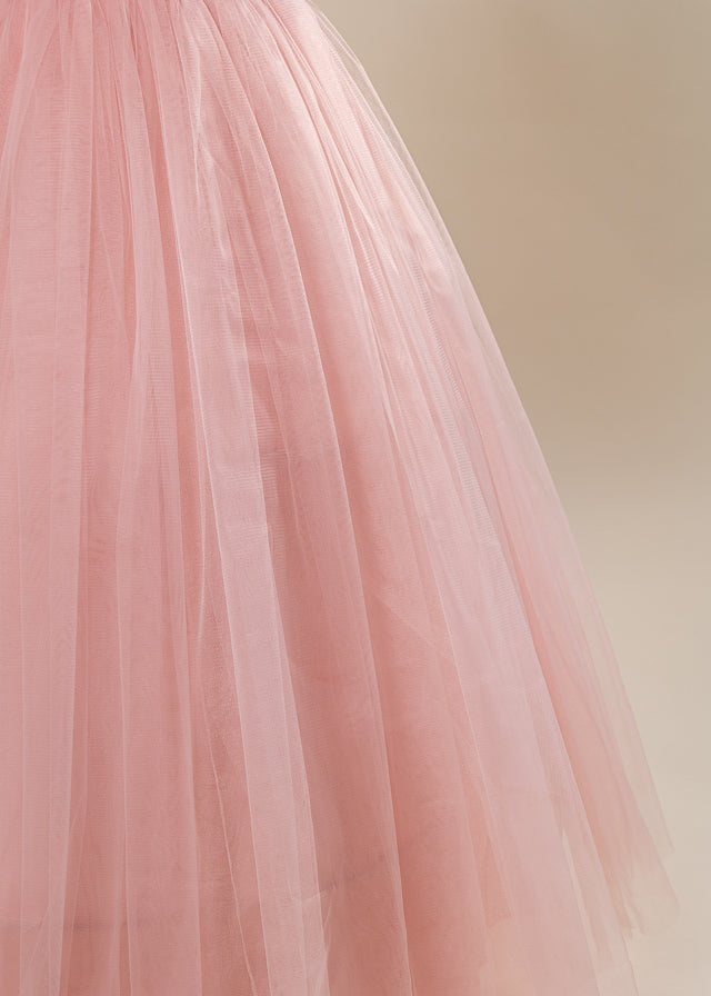 Rochie Ceremonie Roz Pudra Lunga din Tulle cu Crinolina cu Bretele L7101 Lugu
