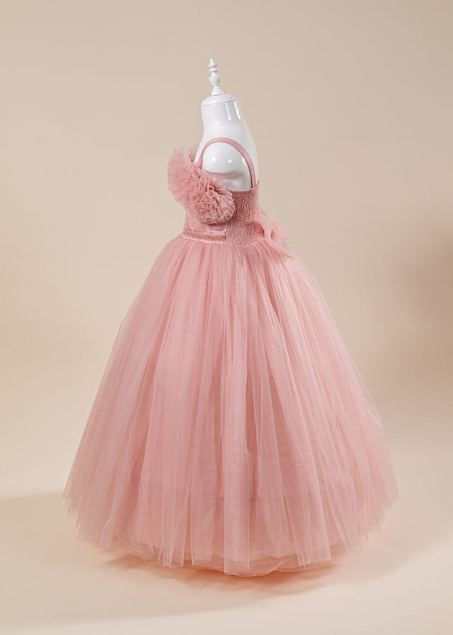 Rochie Ceremonie Roz Pudra Lunga din Tulle cu Crinolina cu Bretele L7101 Lugu