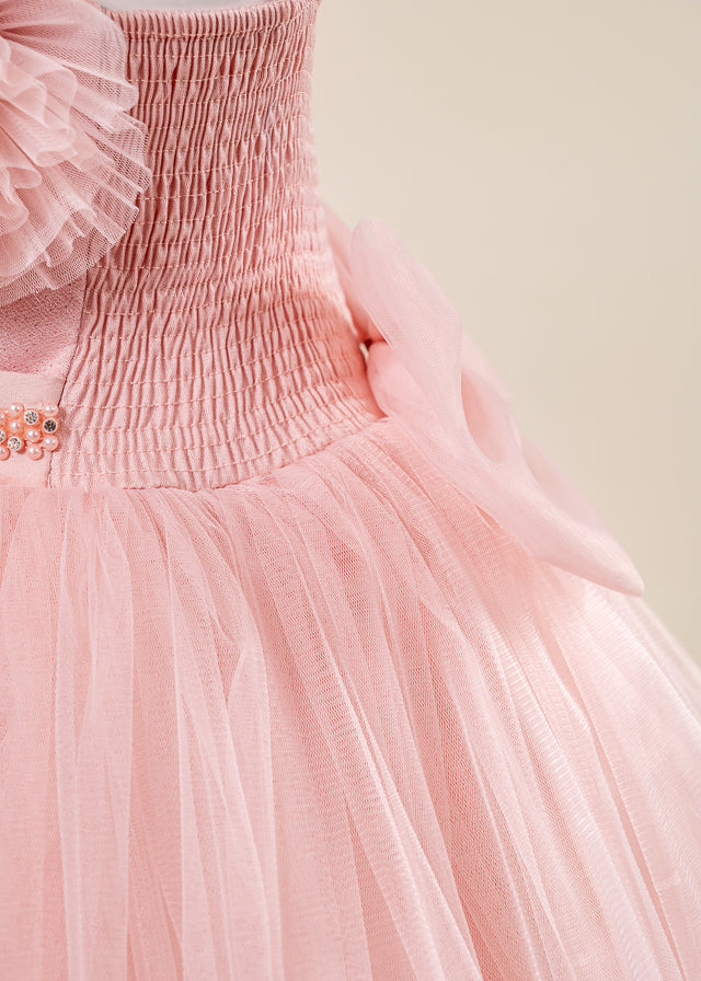 Rochie Ceremonie Roz Pudra Lunga din Tulle cu Crinolina cu Bretele L7101 Lugu