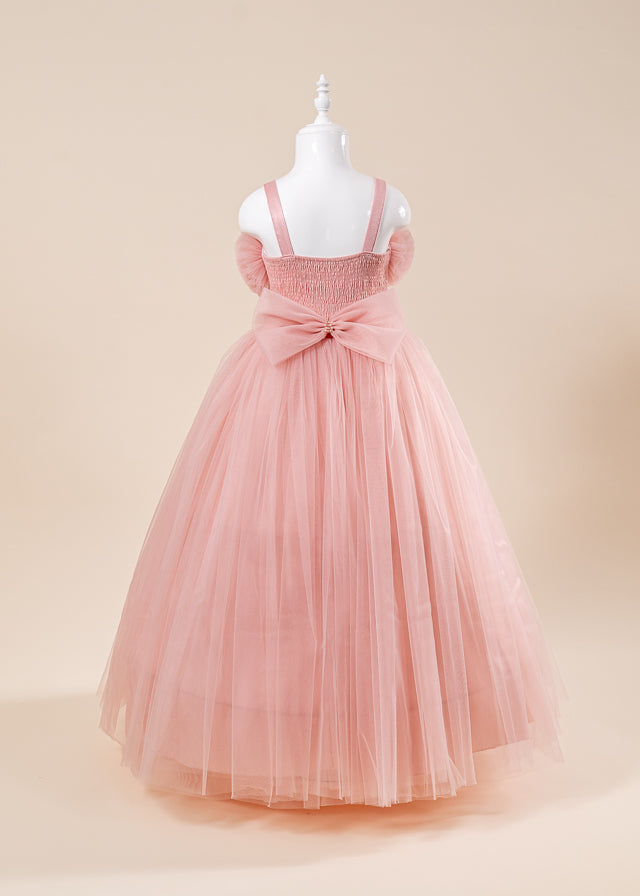 Rochie Ceremonie Roz Pudra Lunga din Tulle cu Crinolina cu Bretele L7101 Lugu