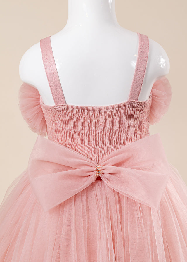 Rochie Ceremonie Roz Pudra Lunga din Tulle cu Crinolina cu Bretele L7101 Lugu