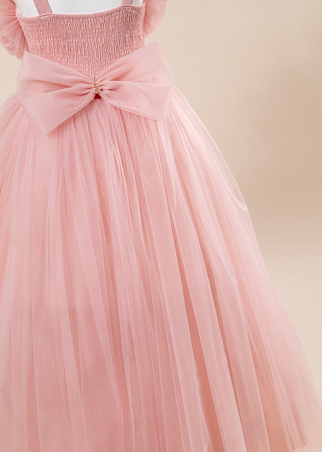 Rochie Ceremonie Roz Pudra Lunga din Tulle cu Crinolina cu Bretele L7101 Lugu