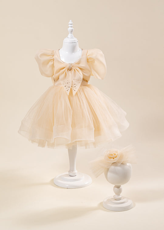 Rochie Ceremonie Bej Maneci Bufante Organza si Fusta din Tulle 3164 Mon Princess