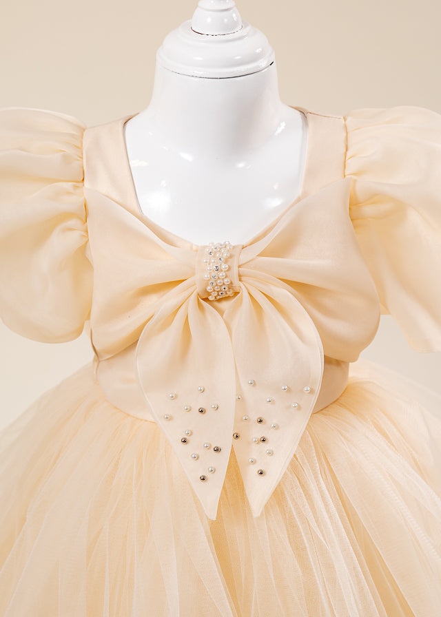 Rochie Ceremonie Bej Maneci Bufante Organza si Fusta din Tulle 3164 Mon Princess