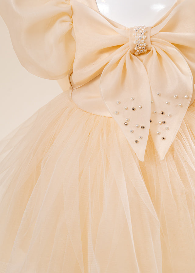 Rochie Ceremonie Bej Maneci Bufante Organza si Fusta din Tulle 3164 Mon Princess