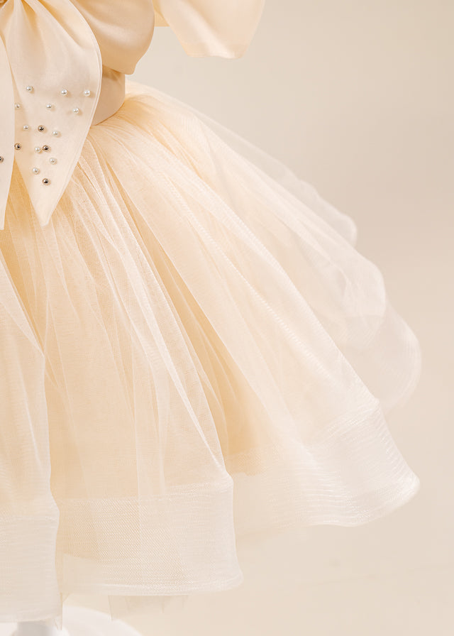 Rochie Ceremonie Bej Maneci Bufante Organza si Fusta din Tulle 3164 Mon Princess