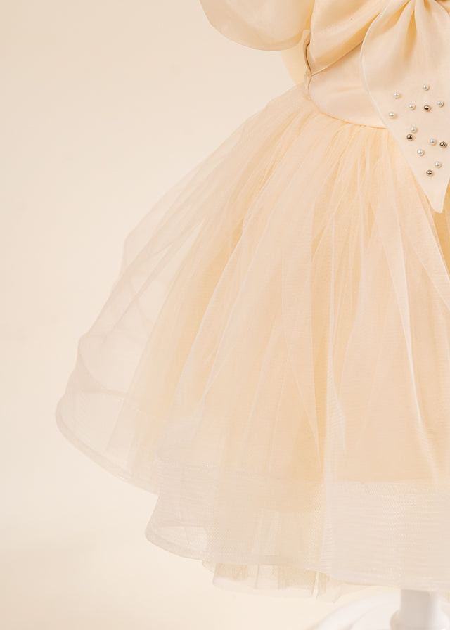 Rochie Ceremonie Bej Maneci Bufante Organza si Fusta din Tulle 3164 Mon Princess