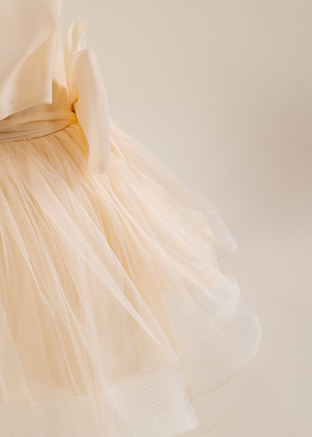 Rochie Ceremonie Bej Maneci Bufante Organza si Fusta din Tulle 3164 Mon Princess