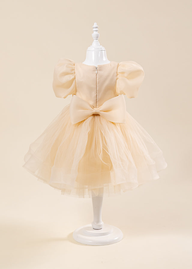 Rochie Ceremonie Bej Maneci Bufante Organza si Fusta din Tulle 3164 Mon Princess