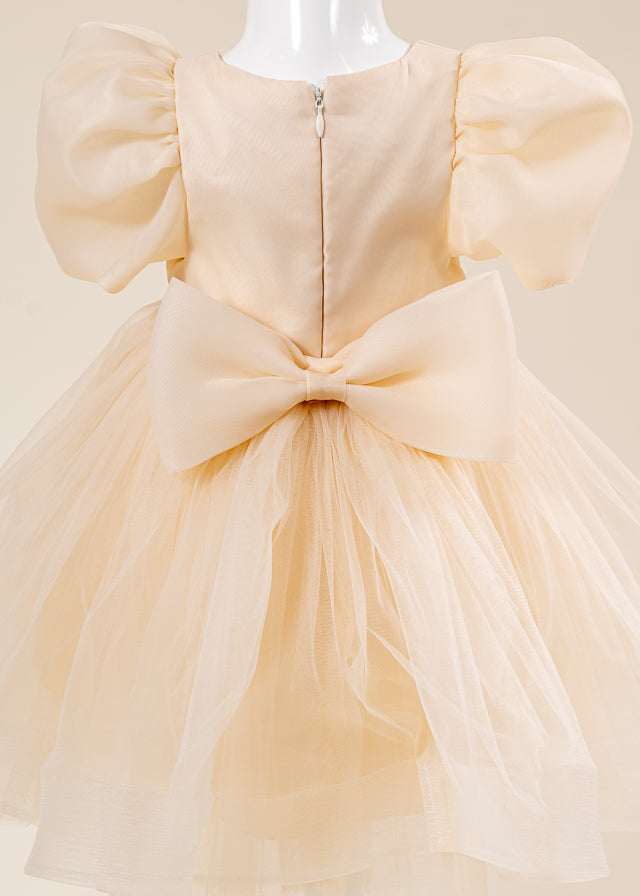 Rochie Ceremonie Bej Maneci Bufante Organza si Fusta din Tulle 3164 Mon Princess
