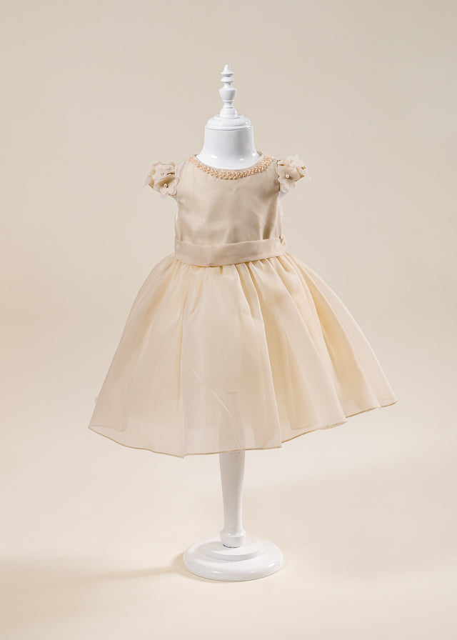 Rochie Ceremonie din Organza Bej cu Maneca Scurta L7002 Lugu