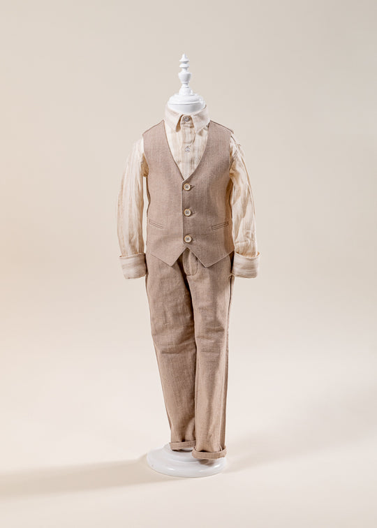 3 Piece Ceremony Suit Beige Vest and Pants and Ivory Shirt 20264 Little Gentleman