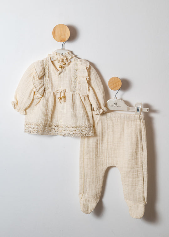 3 Piece Newborn Set Beige Muslin with Narrow Lace 4208 MyMio