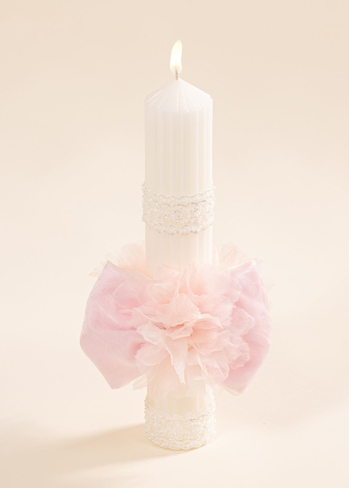 Emerald Candle Organza Bow And Pink Flowers AnneBebe