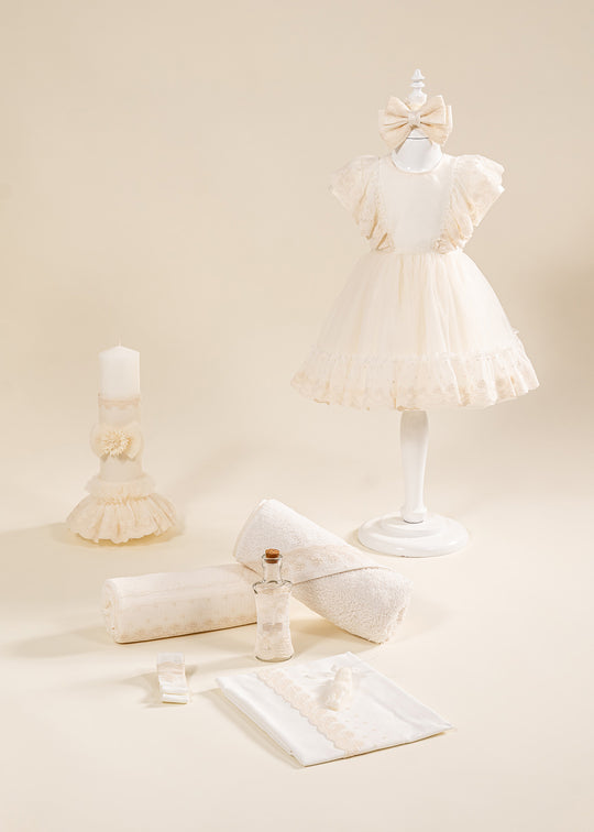 Set Botez Mira 3 Piese  Rochie Trusou si Lumanare Personalizat Botez AnneBebe