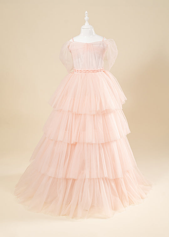 Elegant Pink Tulle Ceremony Dress with Ruffles 10-15 Years 5517 Kanilla